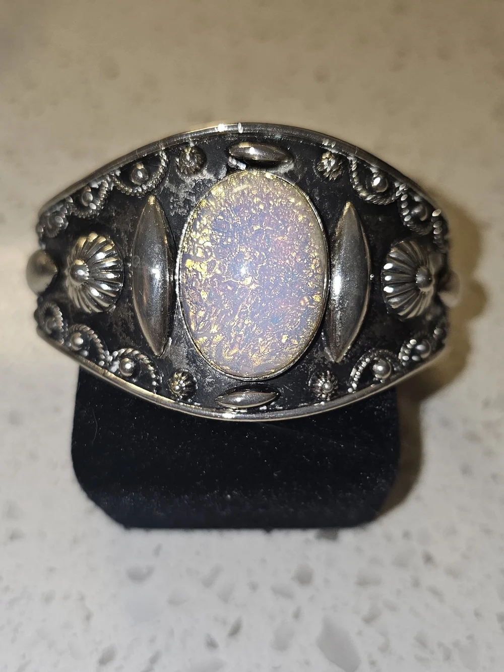Vintage Sterling Silver Opal-Effect Statement Cuff Bracelet - Pink Purple - Picture 1 of 2